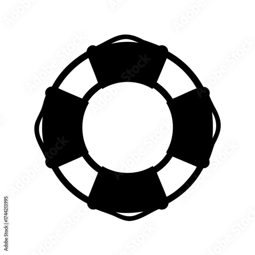 Simple and clear black silhouette of a life preserver on white backdrop