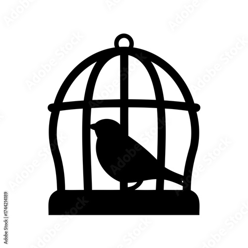 Black and white silhouette of a bird inside of an ornate cage
