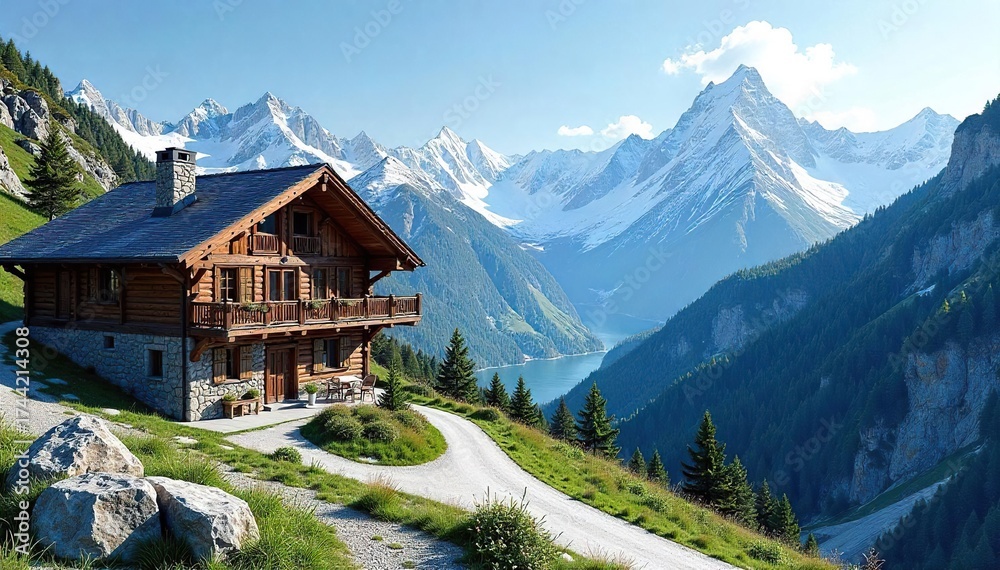 Fototapeta premium Breathtaking Alpine Chalet Vista Majestic Mountain Scenery, Rustic Architecture, Tranquil Vacation Retreat
