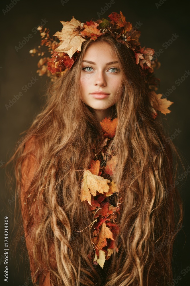Fototapeta premium Young woman wearing autumn leaves crown long flowing hair