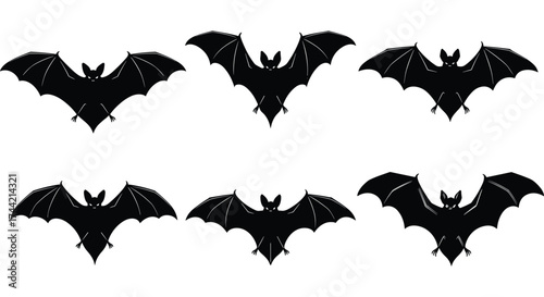 Silhouette vector illustration of bats with wings spread wide in different positions, spooky Halloween concept, black design icons, night creature art