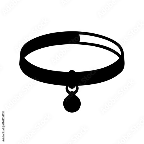Simple black and white icon illustration of a pet collar with bell