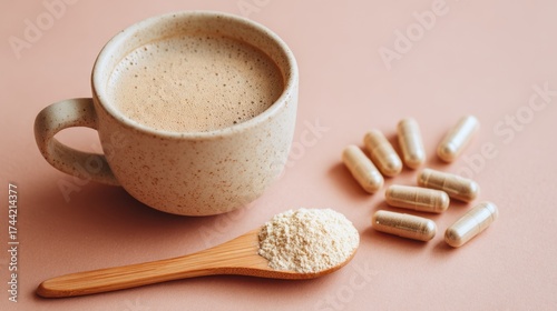 Collagen powder capsules and coffee for morning routine