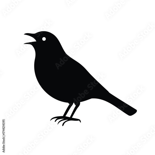 Black silhouette of a songbird with open beak on a white background