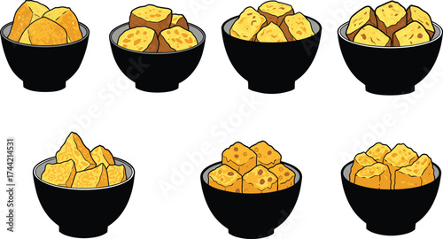 Silhouette vector illustration of bowls filled with baked or cooked food cubes, crispy snacks concept, black design icons for culinary decoration