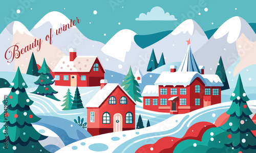 Winter landscape with snowy houses and trees vector illustration
