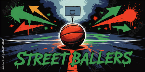 Dynamic Streetball Basketball Court Illustration with Bold Graffiti Text, Colorful Arrows, and Urban Splash Art