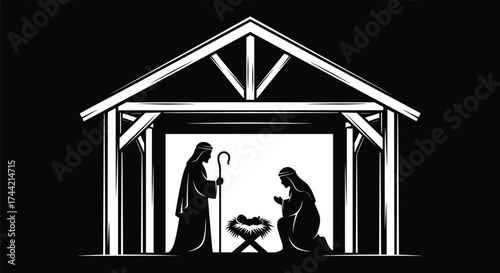 Nativity scene silhouette, holy family, baby Jesus in manger, Christmas stable, religious illustration, black and white vector, Christian tradition