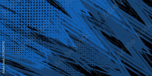 sports background, banner design in blue and black with pointed shapes and empty space. brush stroke pattern