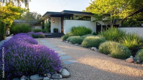 Modern house front yard drought tolerant landscaping with lavender
