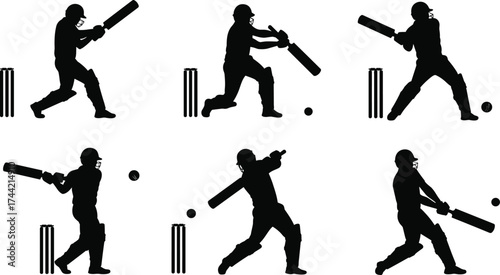 Silhouette vector illustration of cricket players batting with stumps and ball in multiple action poses, sports training concept, black design icons artwork