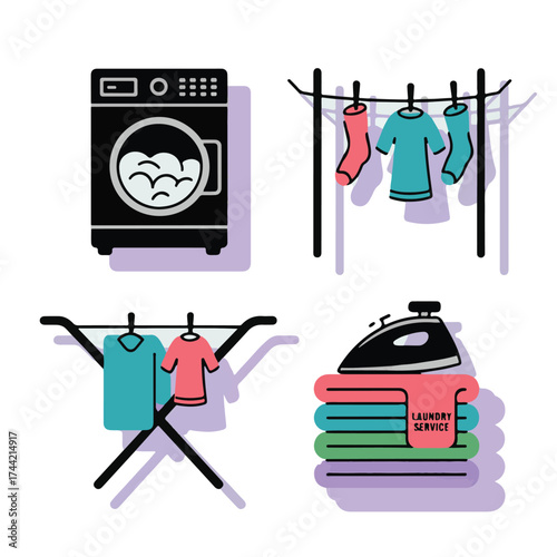 Vibrant Flat Line Vector Icon Set for Laundry, Washing, and Dry Cleaning