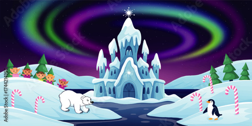 Magical Winter Wonderland Cartoon with Icy Castle, Aurora Borealis, Cute Polar Bear, Penguin, Elves, and Candy Canes