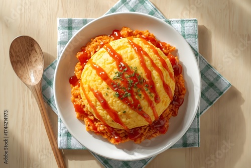 Traditional Japanese Omurice with Ketchup and Tomato Rice