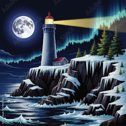 Majestic Winter Lighthouse on Rocky Coast Under Full Moon and Northern Lights, Scenic Night Illustration for Adventure and Nature Themes