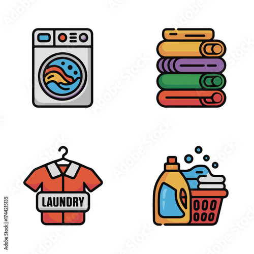 Vibrant Flat Line Vector Icon Set for Laundry, Washing, and Dry Cleaning