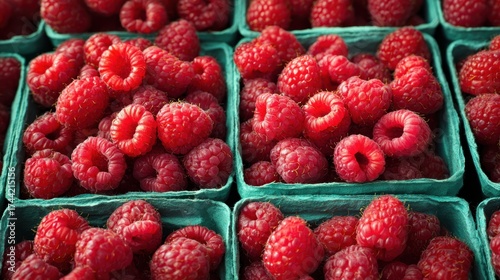 Fresh red raspberries in market punnets selling