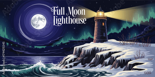 Majestic Lighthouse Shining Under Full Moon with Northern Lights over Icy Winter Coastline and Crashing Ocean Waves – Vector Illustration