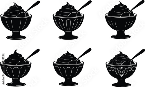 Silhouette vector illustration of dessert bowls with soft serve ice cream and spoons, sweet food concept, black design icons decoration art