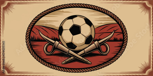 Vintage Western Soccer Emblem Illustration with Cowboy Rope and Swords, Retro Sports Banner, Rustic Sepia Tones