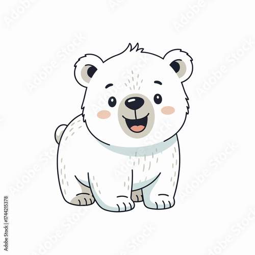 A Charming Cartoon Illustration of a Happy White Polar Bear Cub with Rosy Cheeks and a Friendly Smile