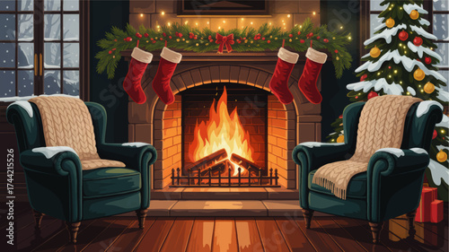 Cozy Christmas Living Room with Fireplace, Armchairs, Hanging Stockings, Garland, Lit Tree and Winter Window Scene Illustration