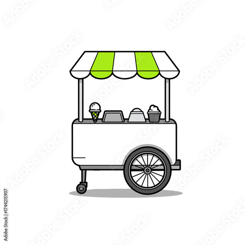 Ice cream cart with green awning featuring various ice cream flavors  