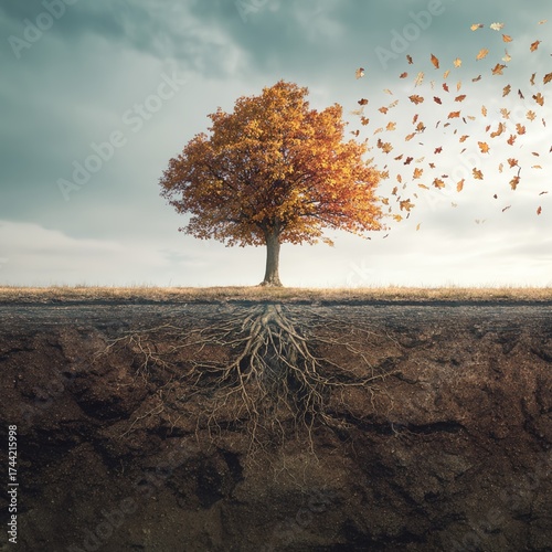 lonely tree in the autumn, roots underground, family, earth, soil