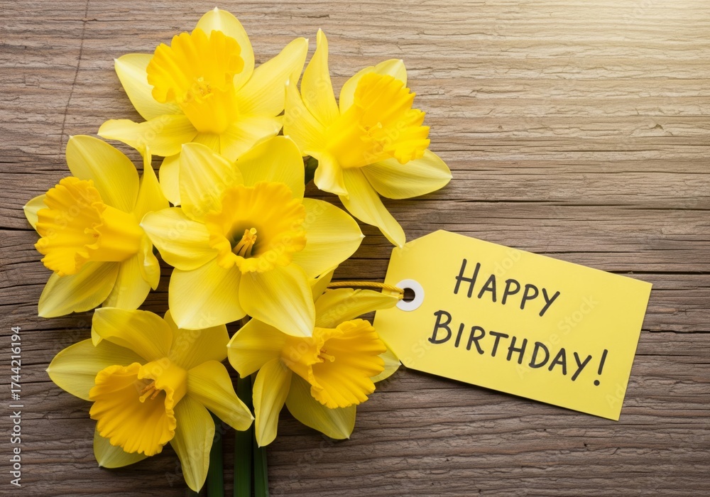 Naklejka premium Happy Birthday Card with Yellow Daffodils on Rustic Wooden Background