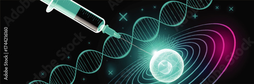 Futuristic Gene Editing Concept with Syringe, DNA Helix, and Glowing Cell on Black Background – Biotechnology Innovation Illustration