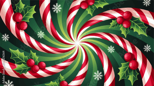 Festive Candy Cane Swirl Pattern with Holly Leaves and Berries on Green Background – Christmas Holiday Vector Illustration