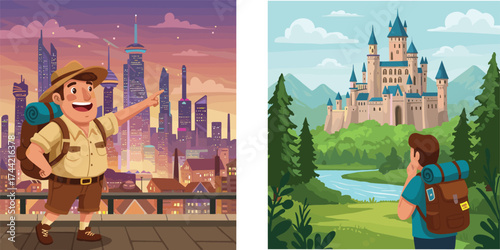 Adventure traveler exploring modern city skyline and ancient fairytale castle, backpacker hiking landscape journey vector illustration