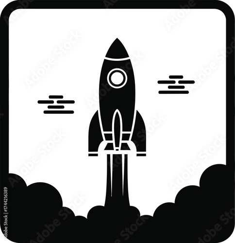 Black silhouette of a rocket launching upwards from a cloud of smoke within a rounded square frame