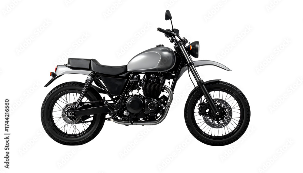 Fototapeta premium Silver scrambler motorcycle isolated on transparent background in side view
