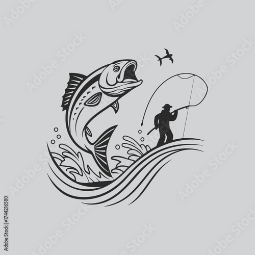 Large mouth Bass Classic Fisherman Logo Drawing