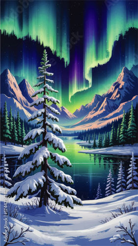 Stunning Aurora Borealis Over Snowy Pine Forest and Mountain Lake in Winter Night – Vibrant Northern Lights Landscape Illustration