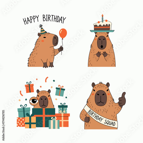 Set Cute capybaras with hearts and wings on white background, captions