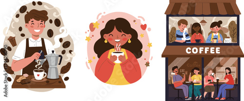 Coffee shop lifestyle, barista brewing espresso, people enjoying hot drinks and chatting in cozy café interior, flat cartoon vector illustration