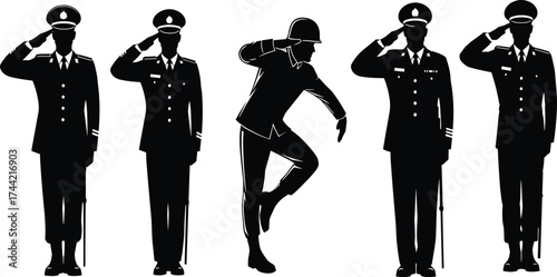 Silhouette vector illustration of soldiers saluting in formal military uniforms with one humorous parody salute pose, discipline concept, black design icons artwork