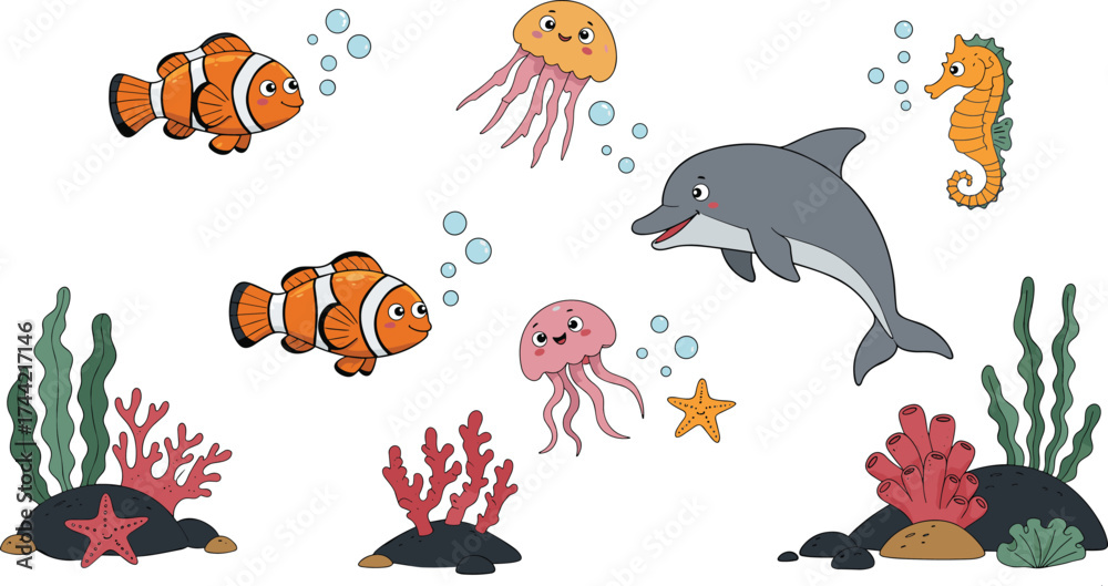 Naklejka premium Cute cartoon sea animals underwater with dolphin, clownfish, jellyfish, seahorse, and coral reef illustration