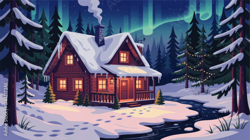 Cozy Winter Cabin in Snowy Forest at Night with Aurora Borealis, Christmas Lights, and Warm Interior, Vector Illustration