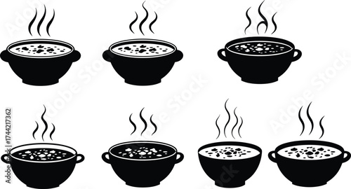 Silhouette vector illustration of steaming hot bowls and cups with soup or coffee, black design icons, restaurant menu decoration art