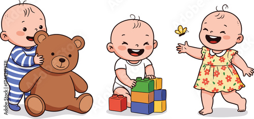Cute happy babies playing with teddy bear, colorful blocks, and butterfly — adorable childhood and early learning concept illustration