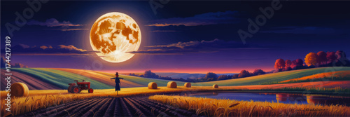 Surreal Harvest Moon Over Colorful Farmland with Hay Bales, Tractor, Pond and Scarecrow at Twilight – Vibrant Landscape Illustration