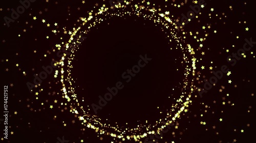 Glowing golden star particles forming sparkling circular frame on dark background, festive glitter ring animation for New Year celebration, award ceremony or luxury event design. 4K loop animation.