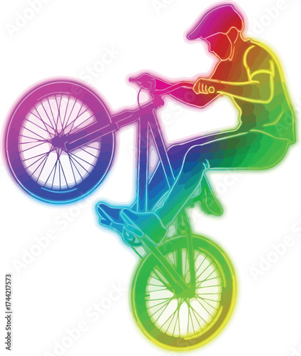 Dynamic rainbow BMX biker performing wheelie stunt, radiating youthful energy and vibrant action sports style perfect for posters and online content