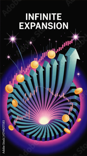 Infinite Expansion Abstract Spiral with Arrows, Coins, and Stock Market Growth Graph on Black Background – Futuristic Finance Illustration