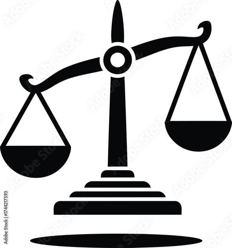 Black silhouette of justice scales symbol representing law fairness and legal balance on a white background