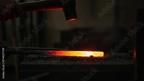 Blacksmith striking hot metal bar with hammer in forge workspace  