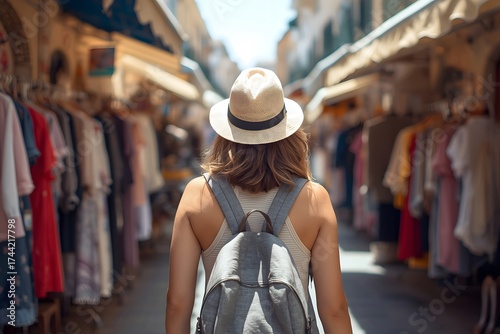 Woman exploring local market with backpack and hat